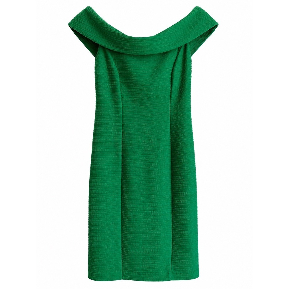 Nue by Shani Emerald Green Off Shoulder Sheath Dress 8 Ribbed Stretch Lined